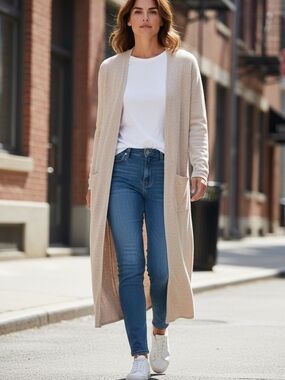 Garnet Hill Womens Beige Open Front Long Duster Cashmere Cardigan Sweater XS